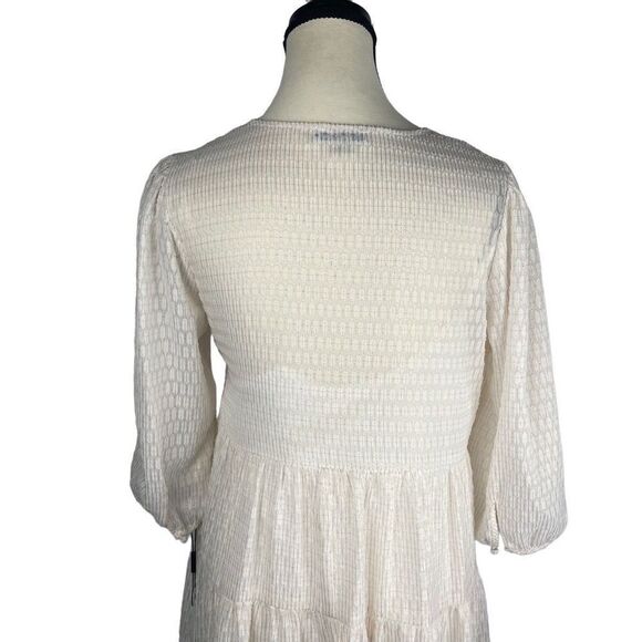 Calvin Klein V-Neck Long Sleeve Tier Ruffled Mini Dress Sz 4 white w gold lines - Picture 3 of 7